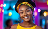 Young African woman wearing yellow top and colorful headwrap smiles radiantly against vibrant bokeh background, showcasing natural beauty and joy. For lifestyle and beauty content.