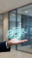 Businessman hand holding glowing holographic legal icons with shield, document and gavel in modern office, symbolizing digital law and compliance.