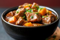 Tender beef stew with carrots and potatoes in rich brown gravy, garnished with fresh herbs, served in rustic black ceramic bowl on dark background.