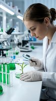 Young female scientist examining plant seedling with magnifying glass in modern laboratory for botanical research and biotechnology experiments.