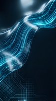 Abstract flowing digital data streams with glowing blue light particles and circuit patterns on dark background, suitable for technology, innovation, and digital transformation concepts.