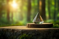 Crystal pyramid prism on wooden tree stump in mystical forest with sunlight streaming through trees, creating spiritual atmosphere.