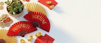 Chinese New Year celebration with red and gold decorative fans, lucky coins, red envelopes and bamboo plant on white background for festive design.