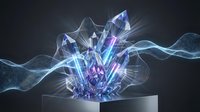 Futuristic crystal formation with glowing blue and purple energy waves emerging from metallic platform on dark background for sci-fi designs.