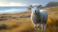 Young white lamb standing on coastal hillside with golden grass and ocean view in soft evening light, creating peaceful pastoral scene.