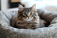 Long-haired tabby cat with striking green eyes rests comfortably in soft gray pet bed, displaying majestic Maine Coon features and gentle expression.