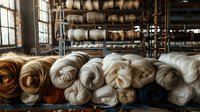 Soft wool yarn rolls in natural white, beige and brown shades stacked on shelves in textile factory warehouse, raw materials for knitting and weaving production.
