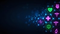 Medical technology background with glowing hexagonal icons featuring healthcare symbols, heartbeat, DNA, and cross on dark blue digital network.