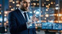 Professional businessman in suit interacting with futuristic holographic interface displaying data analytics and digital technology in modern office.