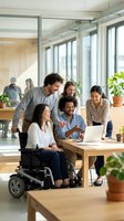 Diverse business team collaborating around laptop in modern office with wheelchair accessibility and inclusive workplace environment.