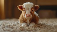 Adorable brown and white calf lying on soft fluffy carpet indoors, cute farm animal baby cow with expressive eyes resting comfortably in cozy home setting.