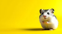 Adorable white dwarf hamster with curious expression against vibrant yellow background, looking directly at camera. Pet photography with copy space.