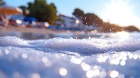 Gentle ocean foam creates dreamy bokeh effect at sunset, with soft waves and water droplets sparkling in golden hour light on tropical beach.
