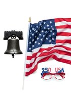 Patriotic symbols including liberty bell, waving flag with stars and stripes, and novelty glasses isolated on white background for holiday designs and celebrations.