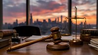 Wooden gavel and scales of justice on lawyer desk with city skyline view at sunset. Legal office interior for law firm branding and attorney services.