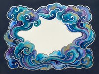 Ornate swirling cloud frame in blue and purple watercolor tones with empty center space for text or design elements on dark background.