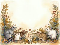 Watercolor border frame with cute mice and rats among autumn leaves, acorns, berries, and hearts, with copy space for text or greeting cards.