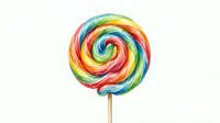 Colorful swirled lollipop with rainbow stripes on wooden stick, isolated on white background for candy, confectionery, and dessert design projects.