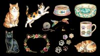 Watercolor cat clipart set with cats, paw prints, floral wreath, food bowl, bed, mug, and toys, isolated on transparent background for stickers, sublimation, print on demand.