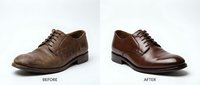 Brown leather dress shoes transformation from worn weathered condition to polished restored state showing professional shoe repair and restoration services.