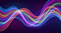 Vibrant neon rainbow waves flowing across dark purple background. Abstract digital art with glowing multicolored light streaks for modern design projects.