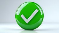 Green glossy circle button with white checkmark symbol on light background, suitable for web design and user interface elements.