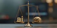 Golden scales of justice balancing AI technology symbol and human brain representing artificial intelligence versus human intelligence ethical debate.