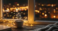 Cozy evening scene with coffee cup and fairy lights by window overlooking warm city bokeh lights creating peaceful atmosphere for relaxation and comfort.