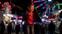 Young Asian woman celebrating with arms raised at colorful carnival with ferris wheel and bright lights creating festive atmosphere for entertainment events.