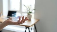 Hand holding glowing holographic envelope symbol representing digital communication, email marketing and modern technology in bright office workspace.