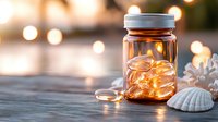 Glowing fairy lights in mason jar with seashells on rustic wooden surface against soft bokeh background creates magical coastal atmosphere.