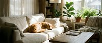 Cozy living room interior with orange tabby cat sleeping on white sofa, houseplants on windowsill, warm natural lighting for home decor and lifestyle concepts.