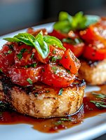 Grilled pork medallions topped with caramelized red peppers and fresh basil in rich sauce. Gourmet restaurant dish perfect for culinary marketing.