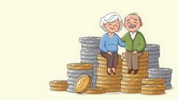 Happy elderly couple sitting on stacks of coins representing retirement savings and financial security for senior citizens planning future.