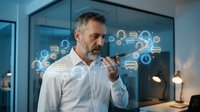 Middle-aged man with gray hair and beard, Caucasian ethnicity, wearing white shirt, interacting with digital technology icons and network symbols floating in air, representing business innovation and digital transformation in modern office setting.