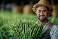 Asian male farmer in straw hat smiling while holding fresh harvested wheat bundle against green agricultural field background. Sustainable farming concept.