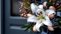 White lily bloom with rose gold ornaments and blue berries in elegant holiday arrangement against dark background, dramatic lighting creates festive mood.