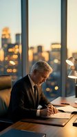 Senior executive businessman writing documents at office desk during golden hour with city skyline view through windows for corporate presentations.