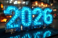 Glowing blue neon numbers 2026 with bokeh lights in background creating festive atmosphere, illuminated digits reflect on dark glossy surface.