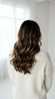 Woman with long wavy brown hair with highlights wearing cream sweater viewed from behind in bright modern interior for hair care and beauty concepts.