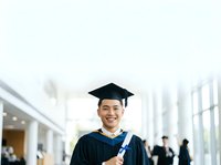 Young male graduate, East Asian ethnicity, wearing black academic gown and mortarboard cap, holding diploma, smiling in university hallway with blurred background of other graduates and modern architecture.