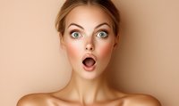 Young Caucasian woman with surprised expression, wide open eyes and mouth, showing shock and astonishment against neutral beige background. Clean beauty portrait.