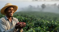 Male farmer in straw hat holding fresh coffee beans in hands, standing in lush green plantation field during harvest season for agricultural and farming industry use.