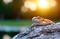 Lizard resting on a textured log with warm golden sunlight and blurred bokeh background, suitable for wildlife and nature content.