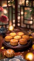 Traditional mooncakes arranged on wooden plate with pink chrysanthemum flowers and oriental decorations in warm ambient lighting, celebrating Mid-Autumn Festival.