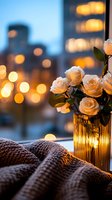 White roses in golden glass vase against evening city bokeh lights, cozy knit blanket on windowsill creates warm atmospheric mood for romantic moments.