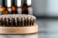 Wooden beard brush with natural bristles on gray surface, soft focus background with amber bottles, grooming and personal care concept for men's styling.