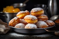 Freshly baked homemade donuts with powdered sugar served on metal plate against dark background, perfect for dessert menu photography.