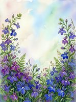 Watercolor wildflowers in blue and purple tones frame a soft pastel background, creating a dreamy floral border with copy space.