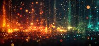 Abstract glowing particles with orange and turquoise light streaks creating magical bokeh effect against dark background, digital art for festive designs.